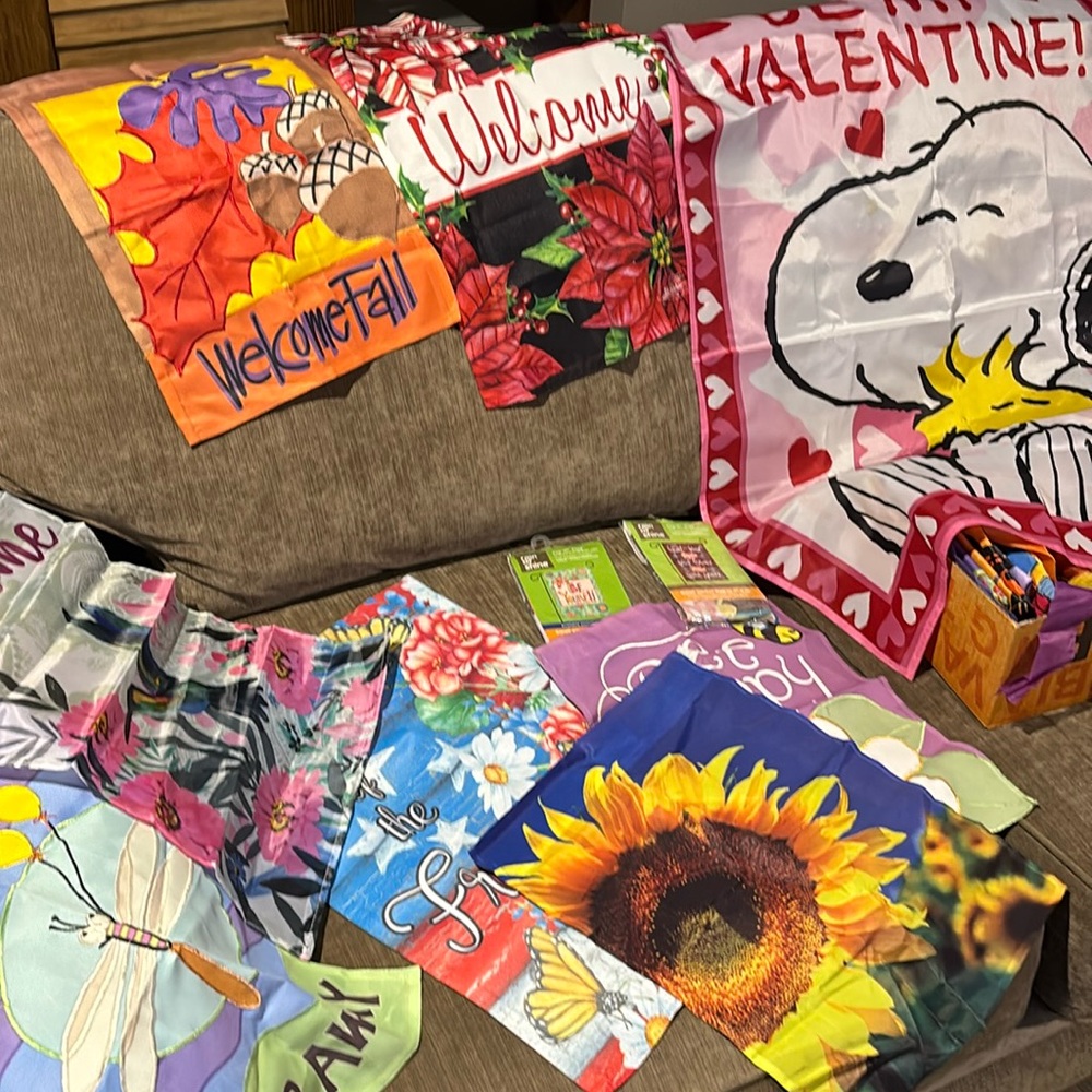 FLAGS… FLAGS..Garden Size Flags - Total 39- 10 brand new. Every Season and FUN.